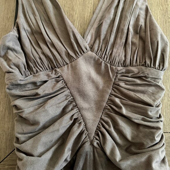 bebe Taupe Gray Faux Suede Ruched Bodycon Dress XS - Picture 4 of 6